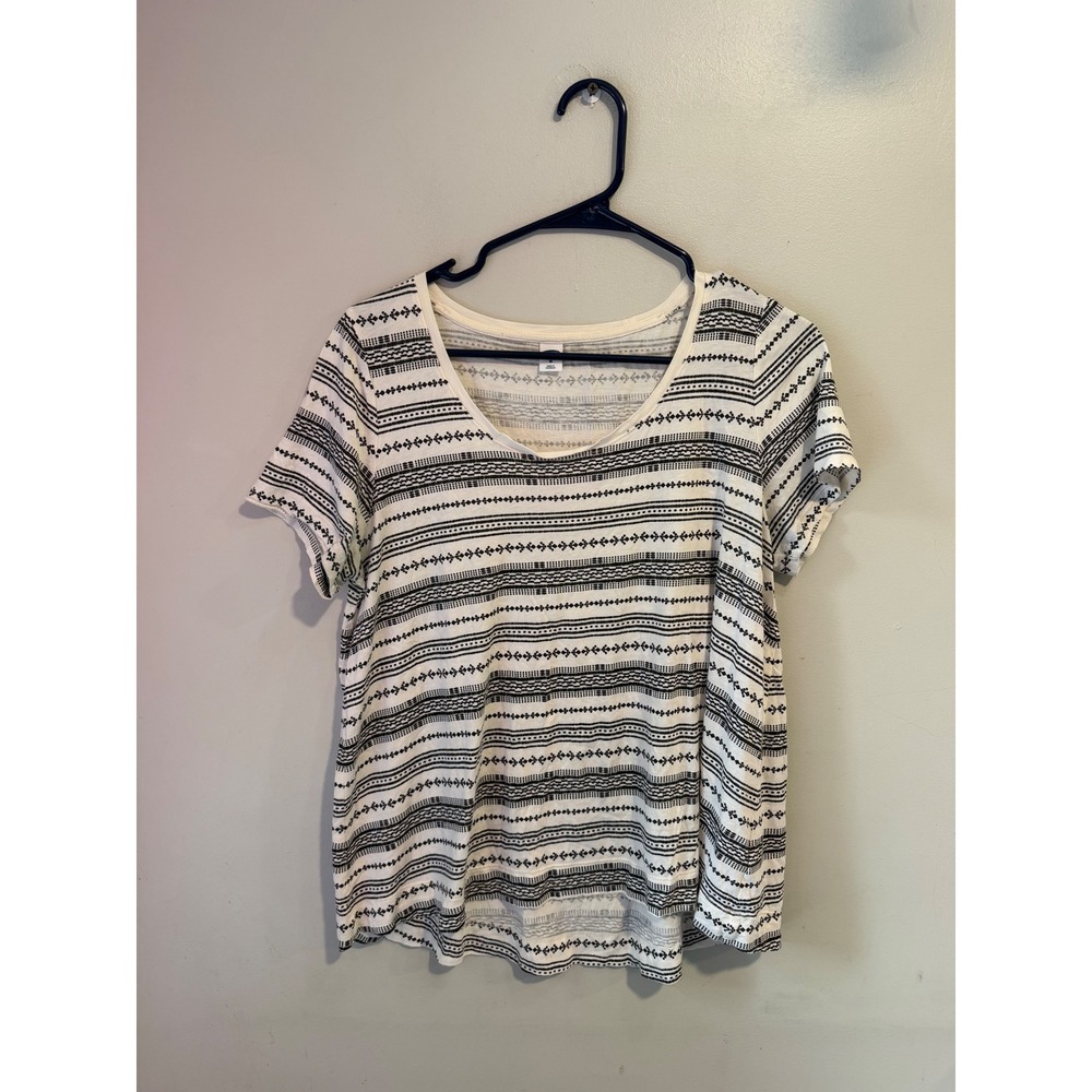 Old Navy Womens V-Neck Short Sleeve Tribal Stripe Top White Black M RN54023